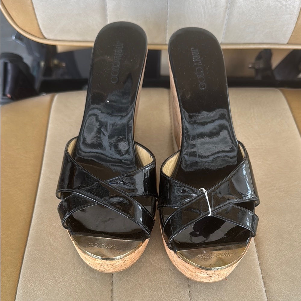 Jimmy Choo Black Patent Leather Wedge Sandals